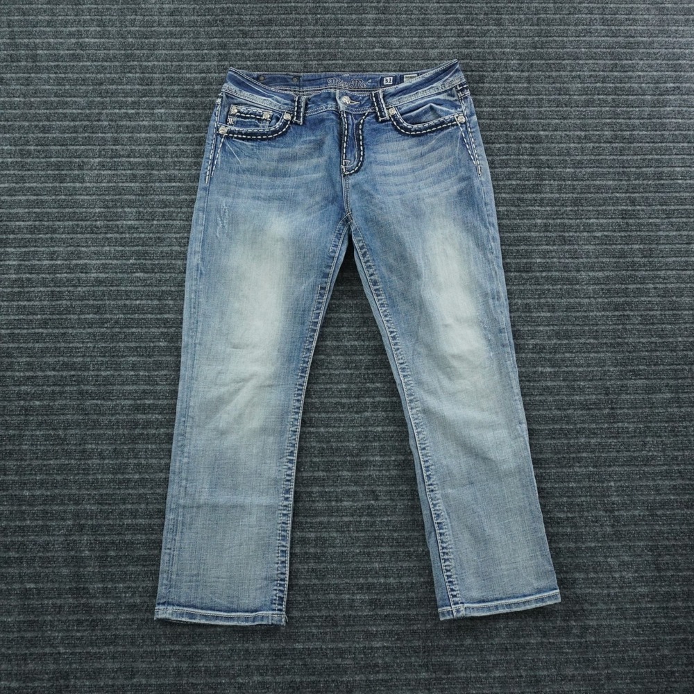 Miss Me Easy‎ Capri Jeans Womens 31 Light Blue Rhinestone Fleur De Lis Denim